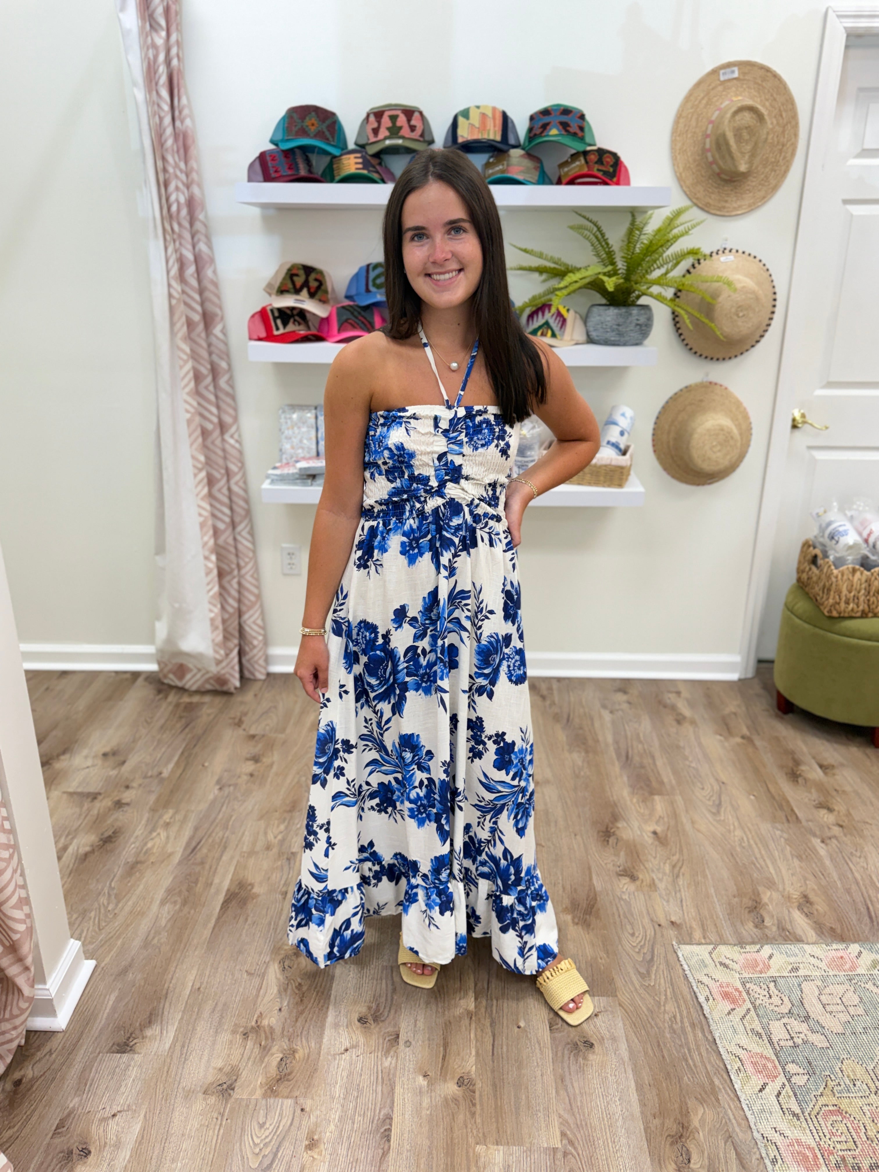 Milio Milano Strapless Floral Smock Maxi- Blue