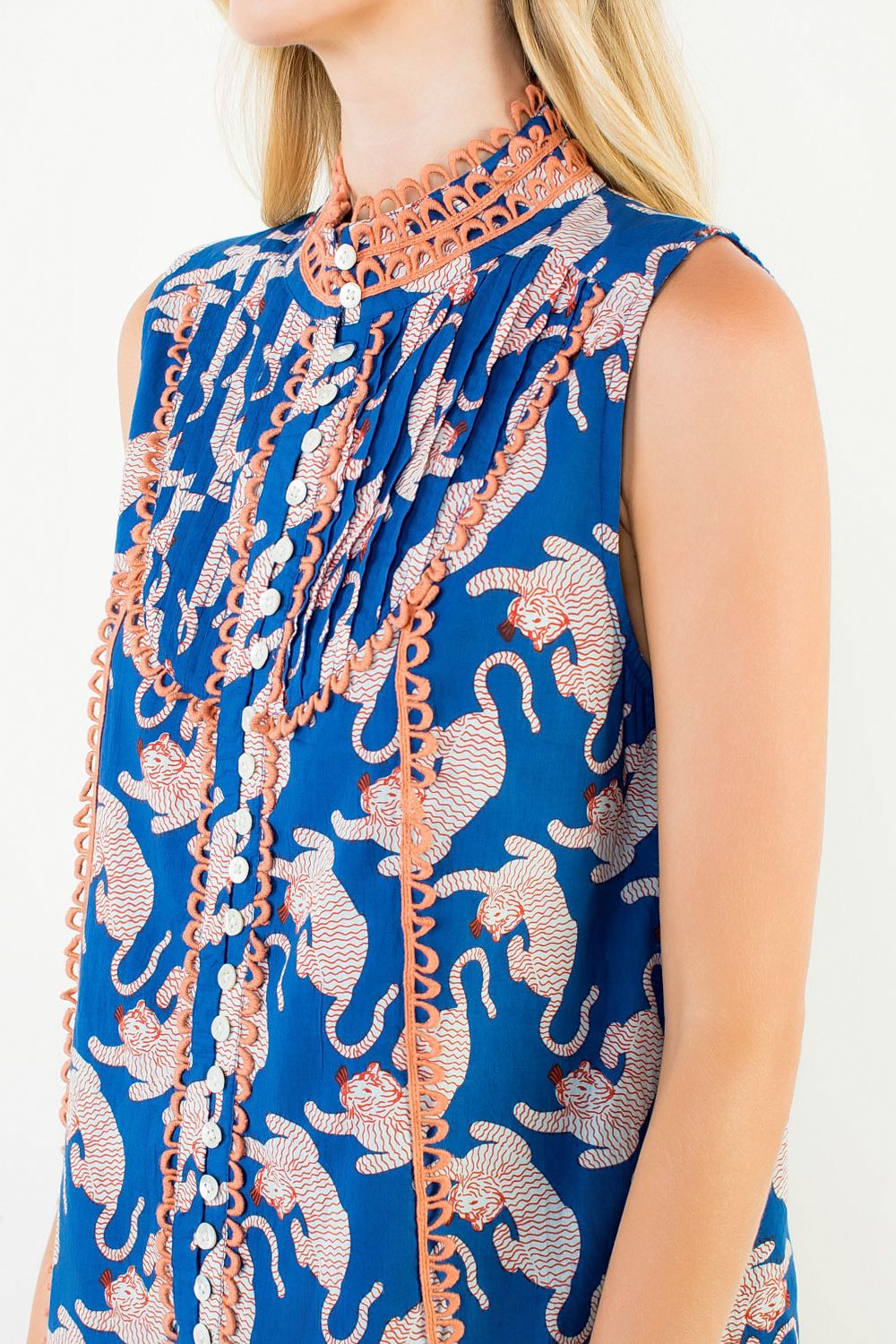 THML Tiger Print Button Down Shift- blue