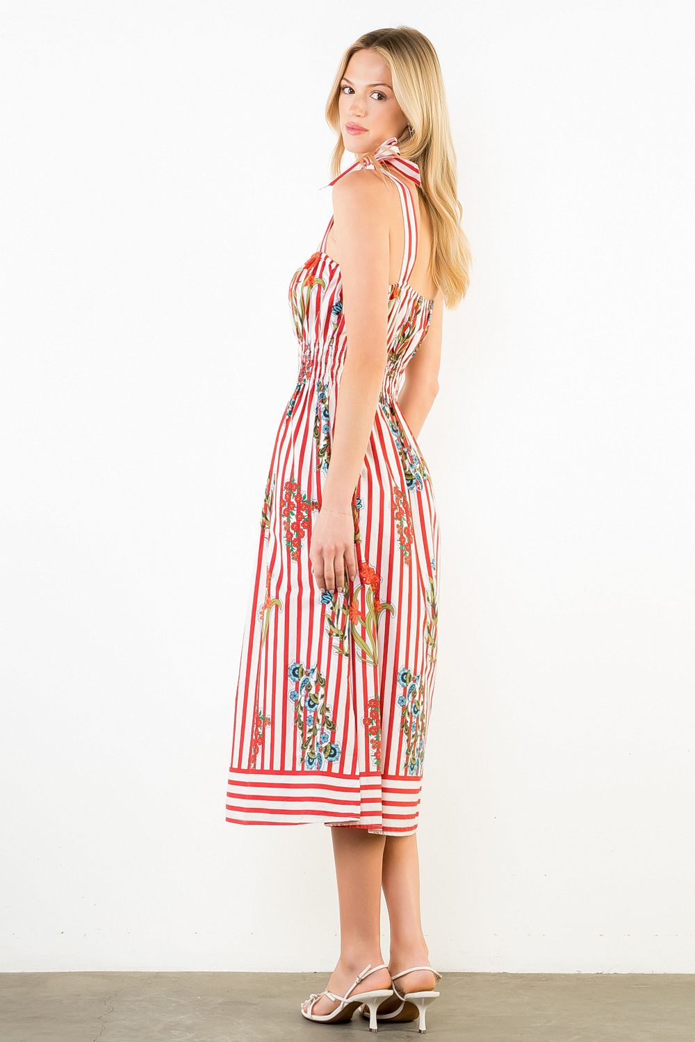 THML Tie Strap Floral Stripe Midi- red