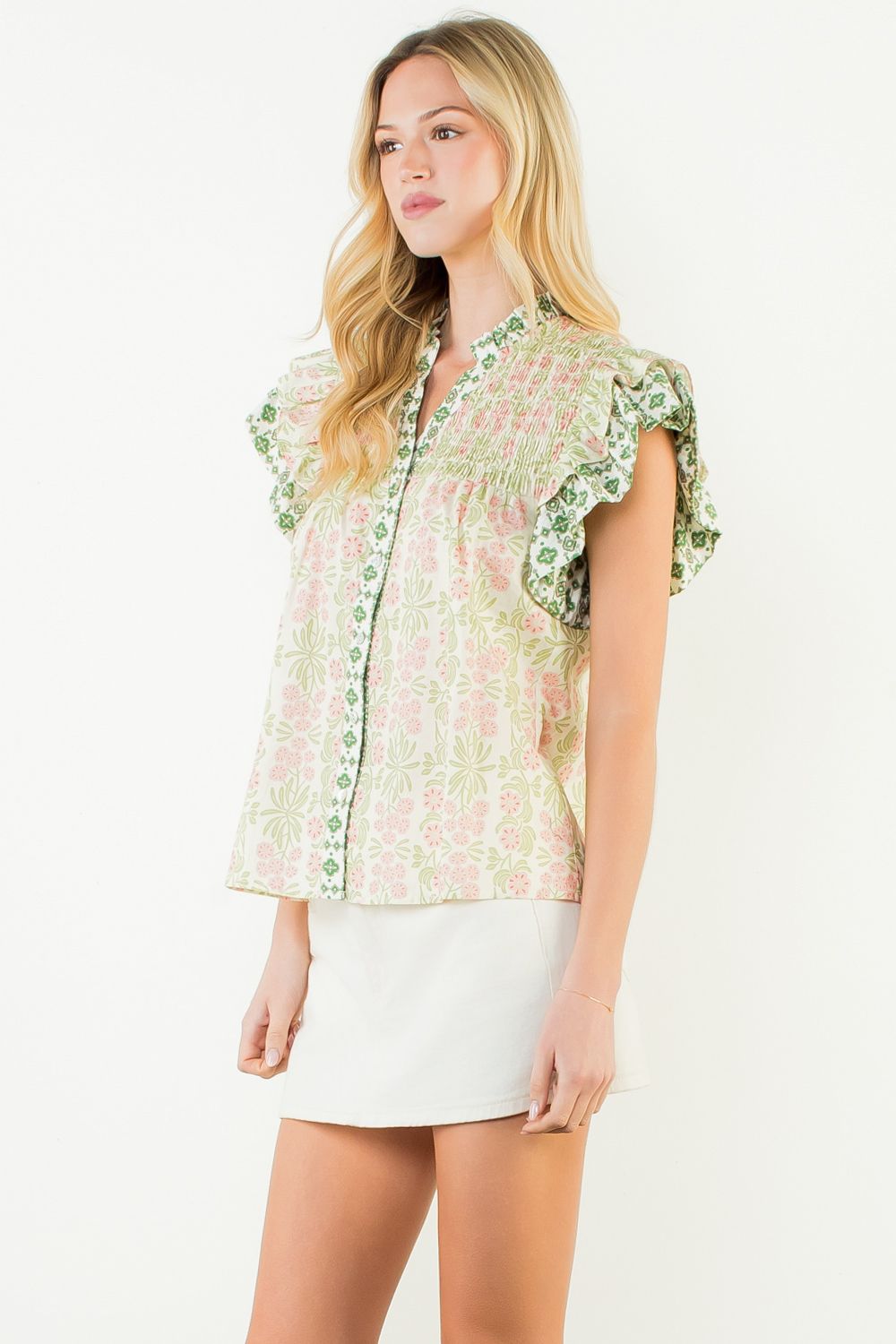 THML Floral Pattern VNeck Top- Lime
