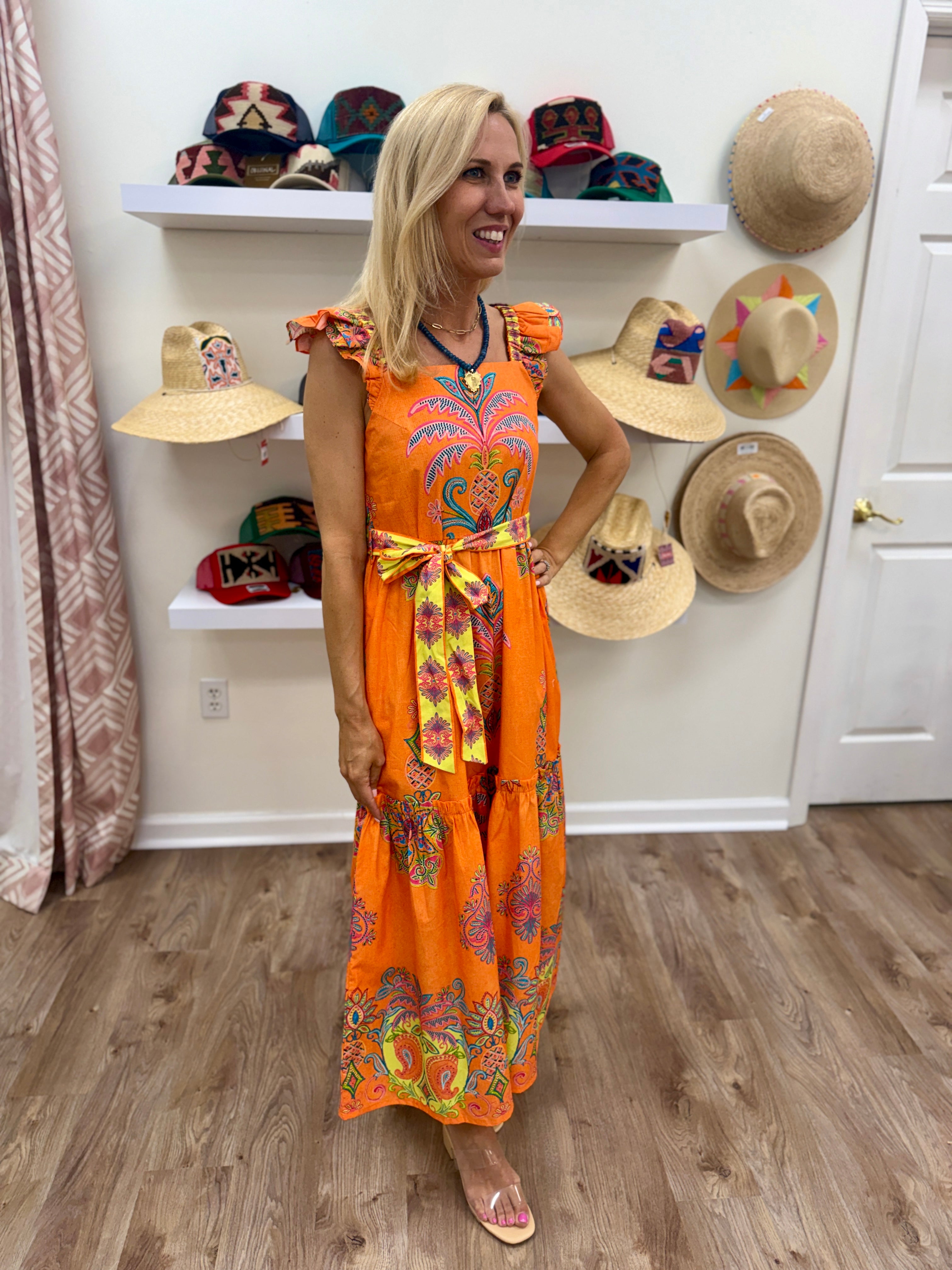 Maude Elsie Midi Dress- Apricot Filigree