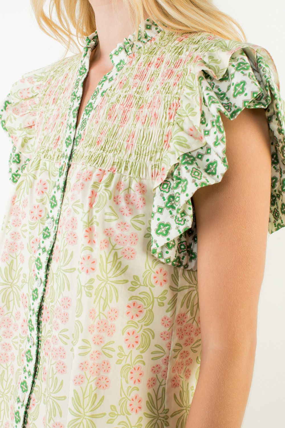 THML Floral Pattern VNeck Top- Lime