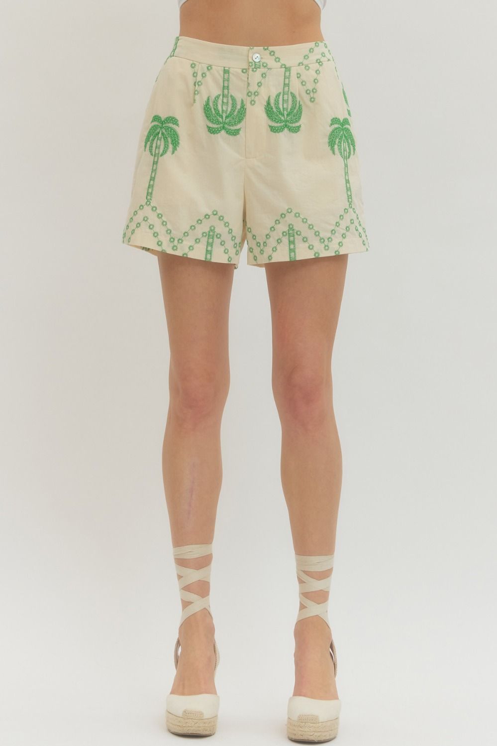 ETO Embroidered Palm Motif Peplum Short Set- Green