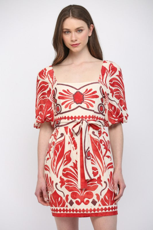 FT Tropical Linen Tie Waist Mini- Red