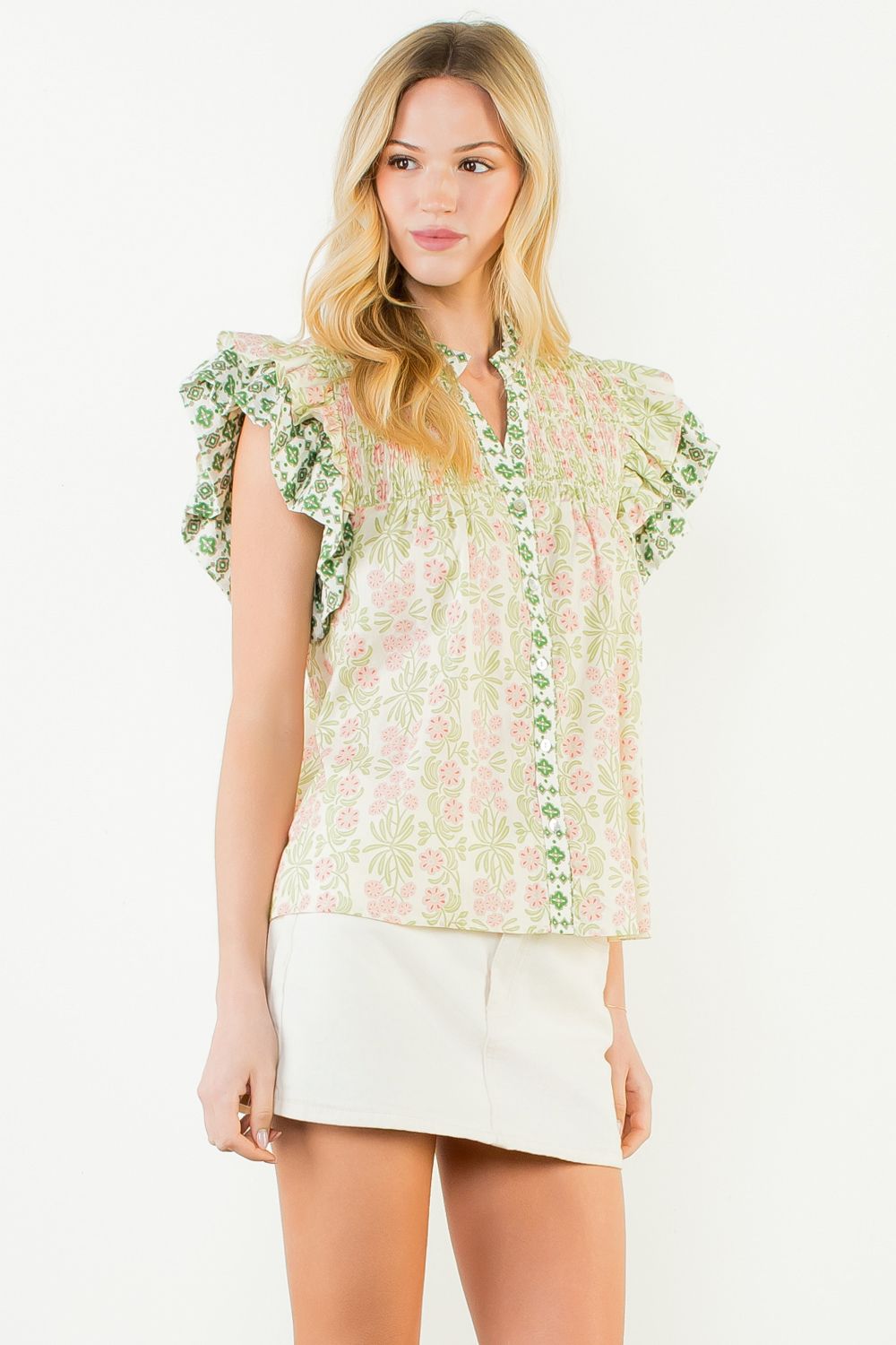 THML Floral Pattern VNeck Top- Lime