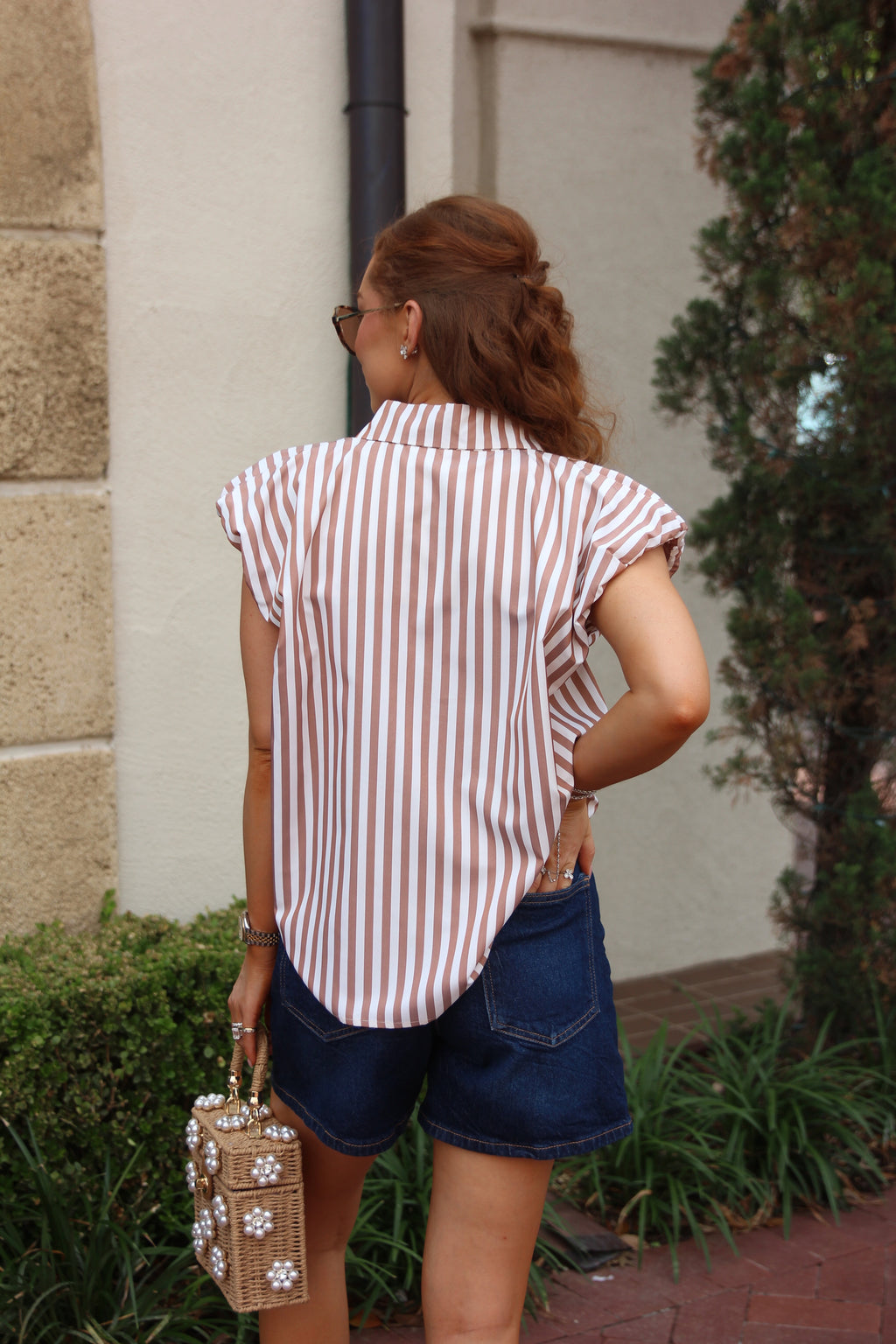 Karlie Bubble Slv Button Top- brown
