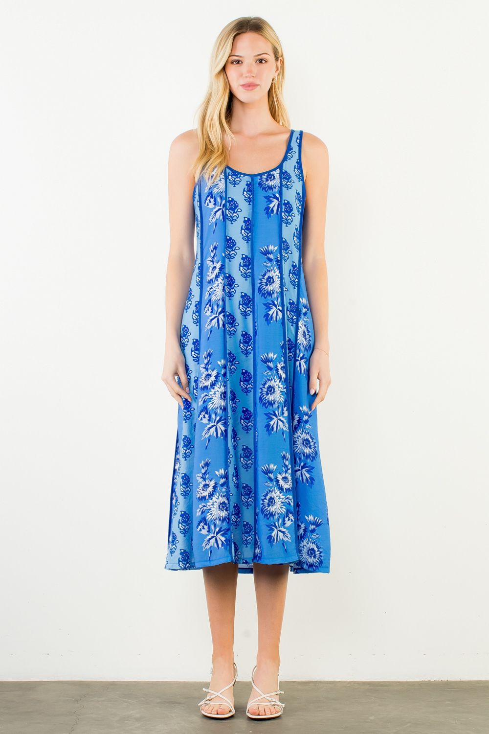 THML Floral Pattern Strap Dress- blue