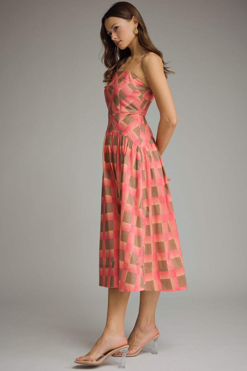ETO Plaid Smock Back Midi Dress-coral