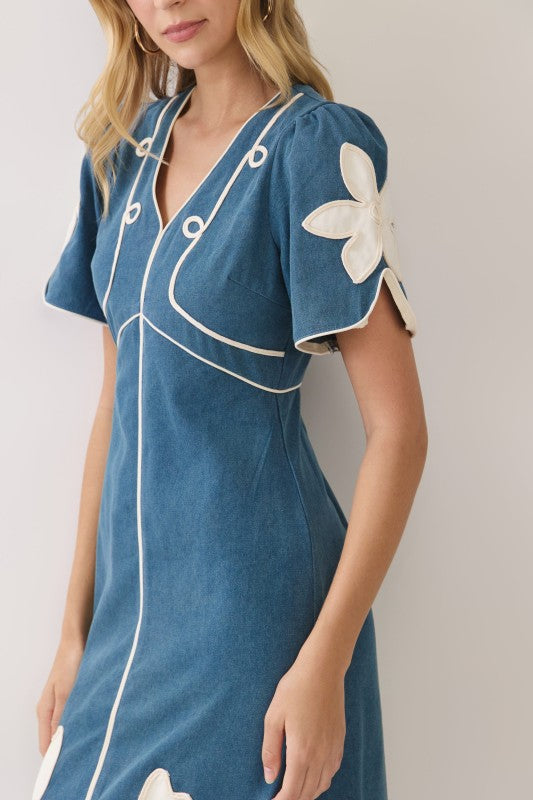 TC Denim Floral Appliqué Trim Midi