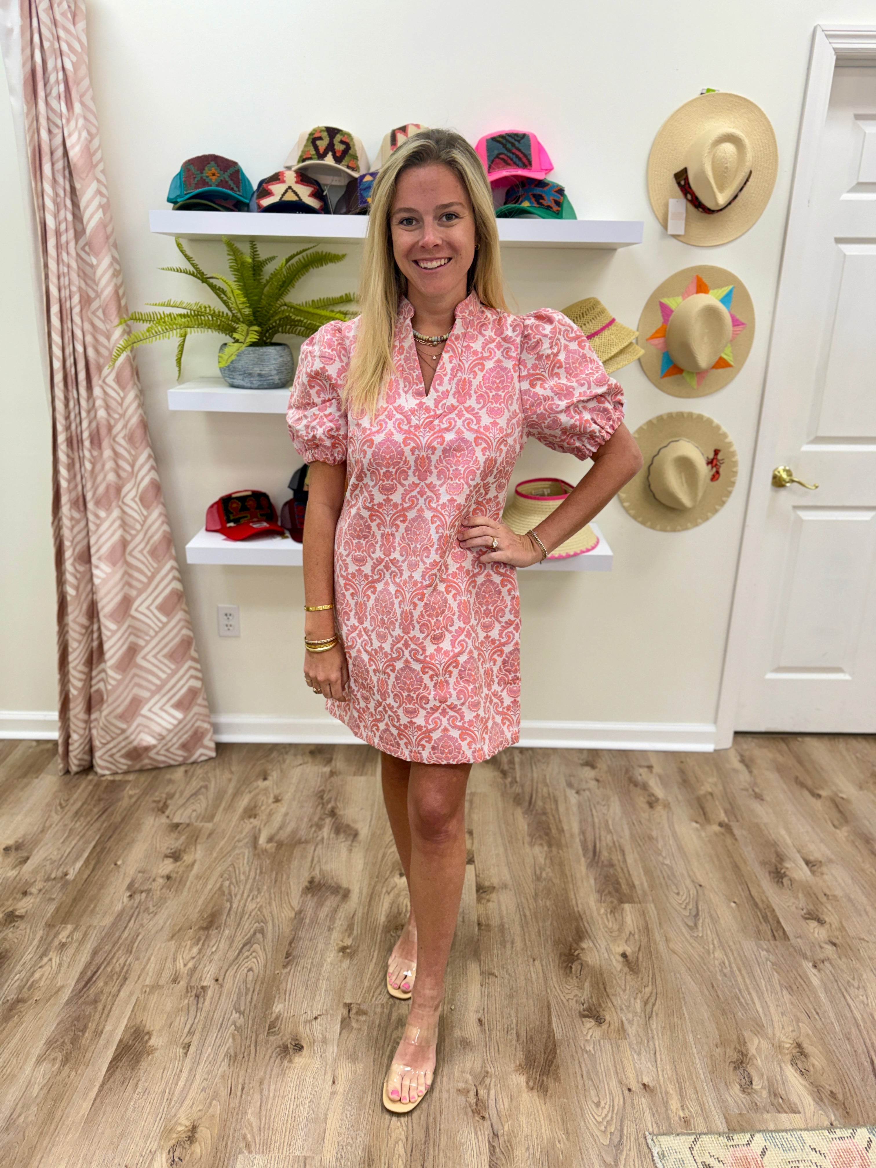 Jade Damask V Neck Dress