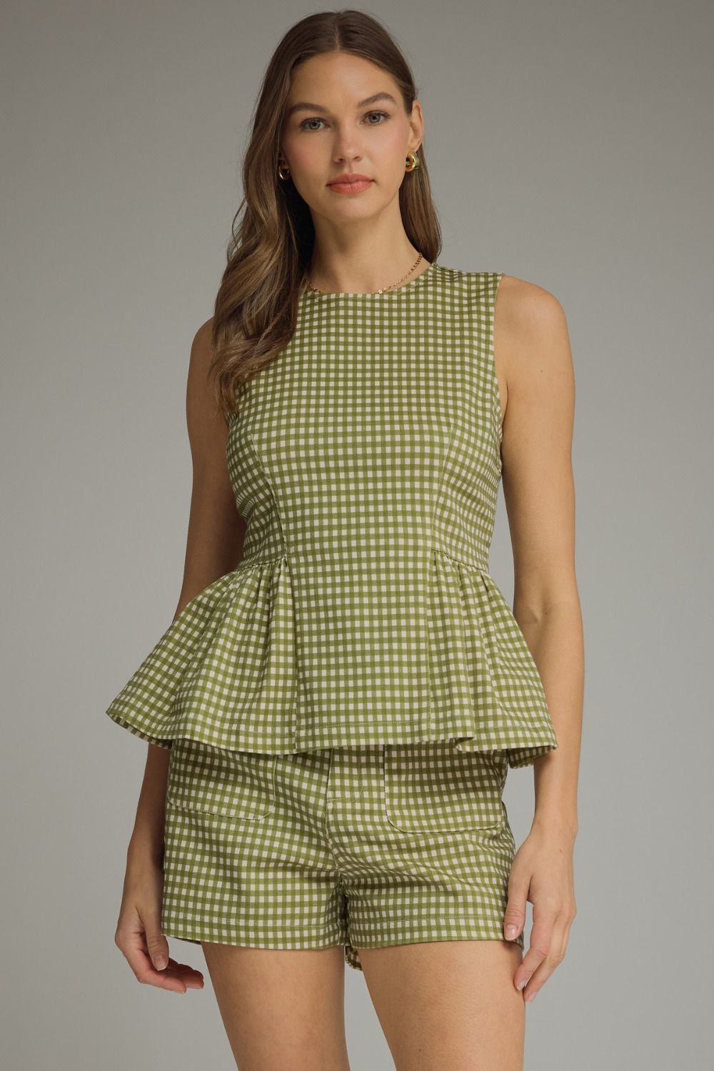 ETO Gingham Peplum Short Set- Olive
