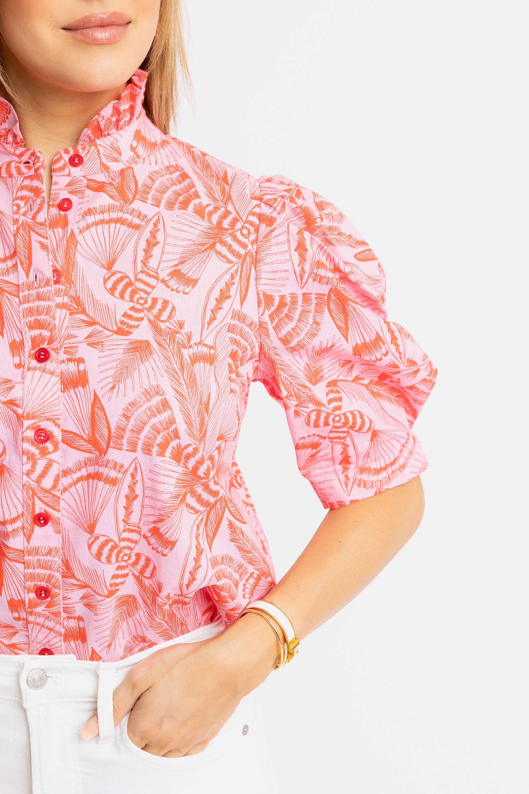 Karlie Tropical Linen Button Top- Pink
