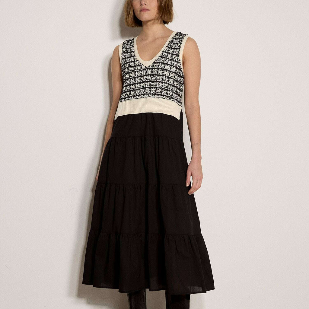 Apricot Dogtooth Mixed Media Dress- black