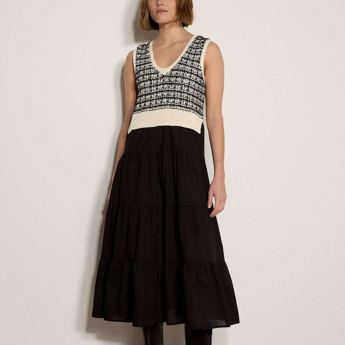 Apricot Dogtooth Mixed Media Dress- black