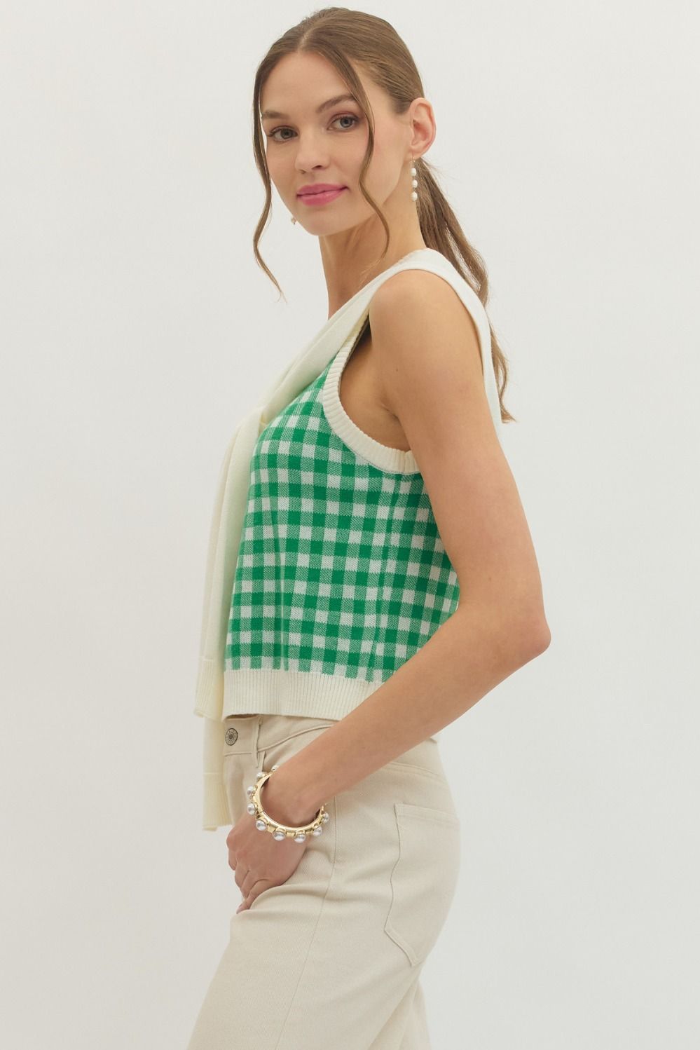 ETO Knit Plaid Tie Top- Green