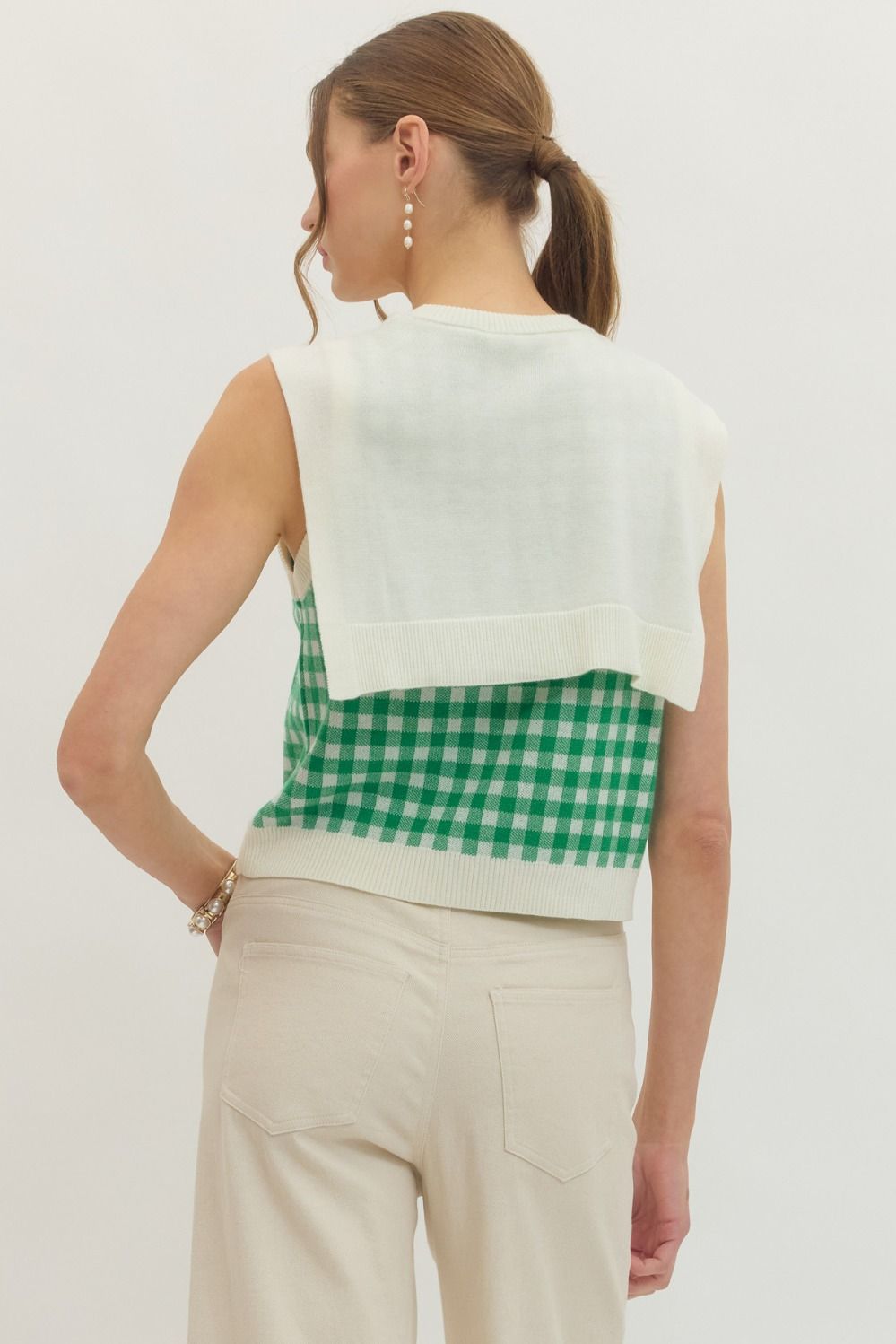 ETO Knit Plaid Tie Top- Green