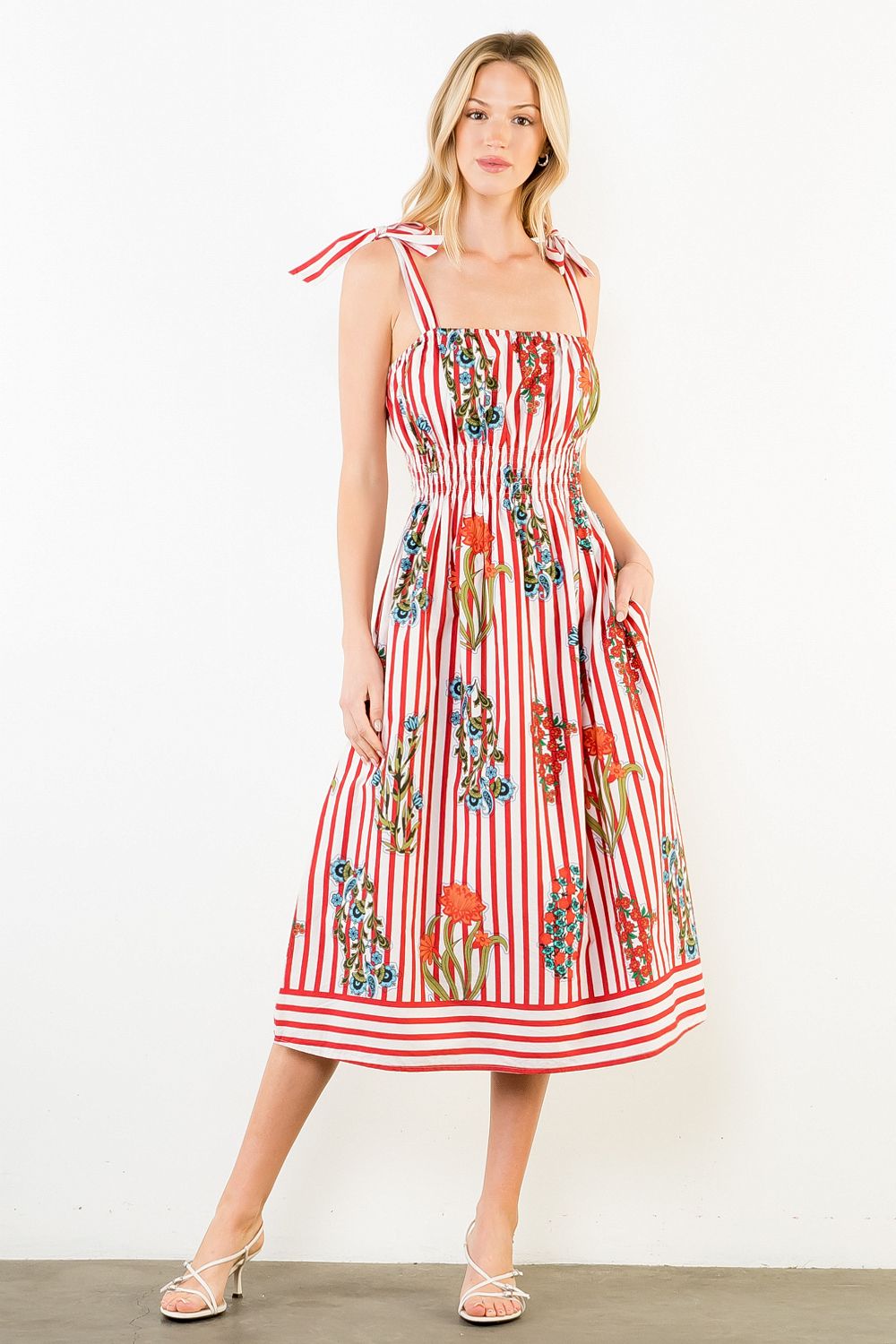 THML Tie Strap Floral Stripe Midi- red
