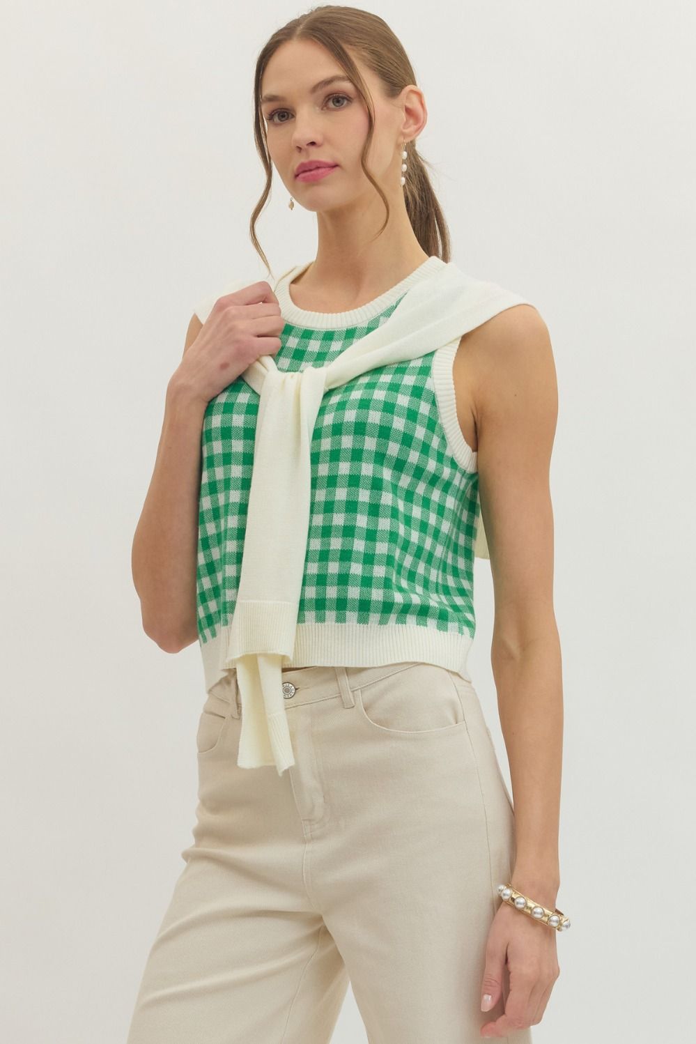ETO Knit Plaid Tie Top- Green