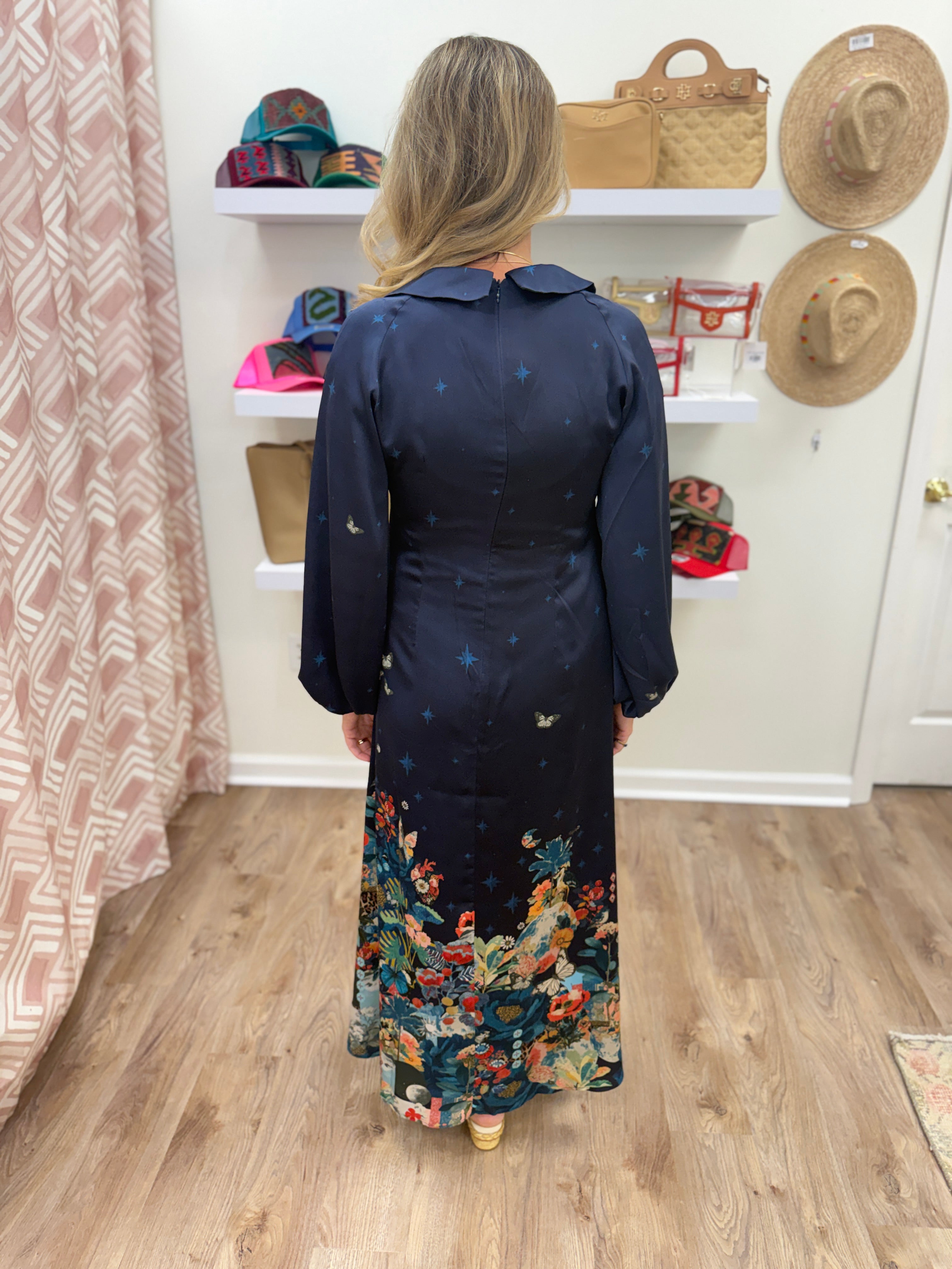 Vilagallo LS Butterfly Floral Maxi- Navy