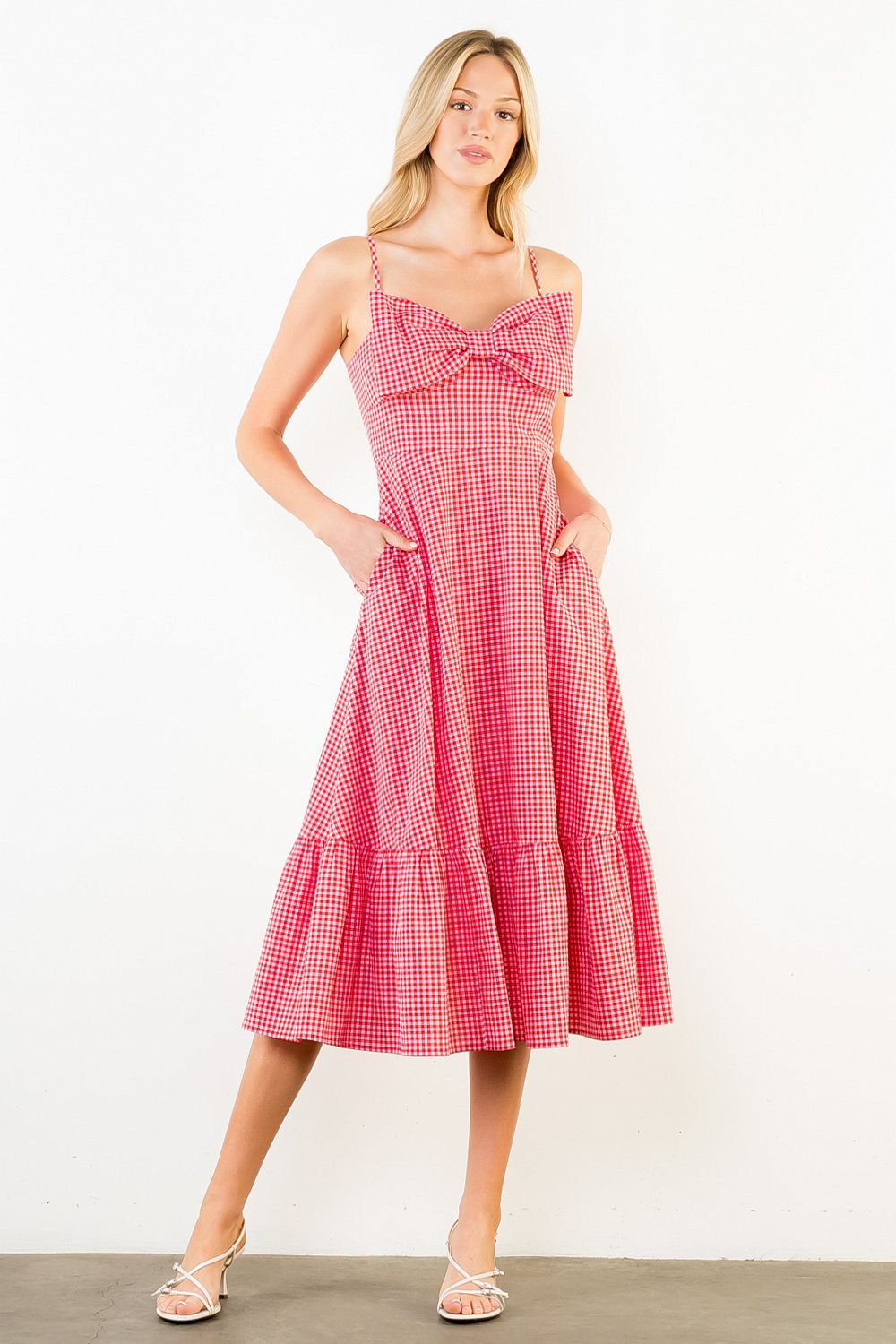 THML Gingham Bow Midi- red