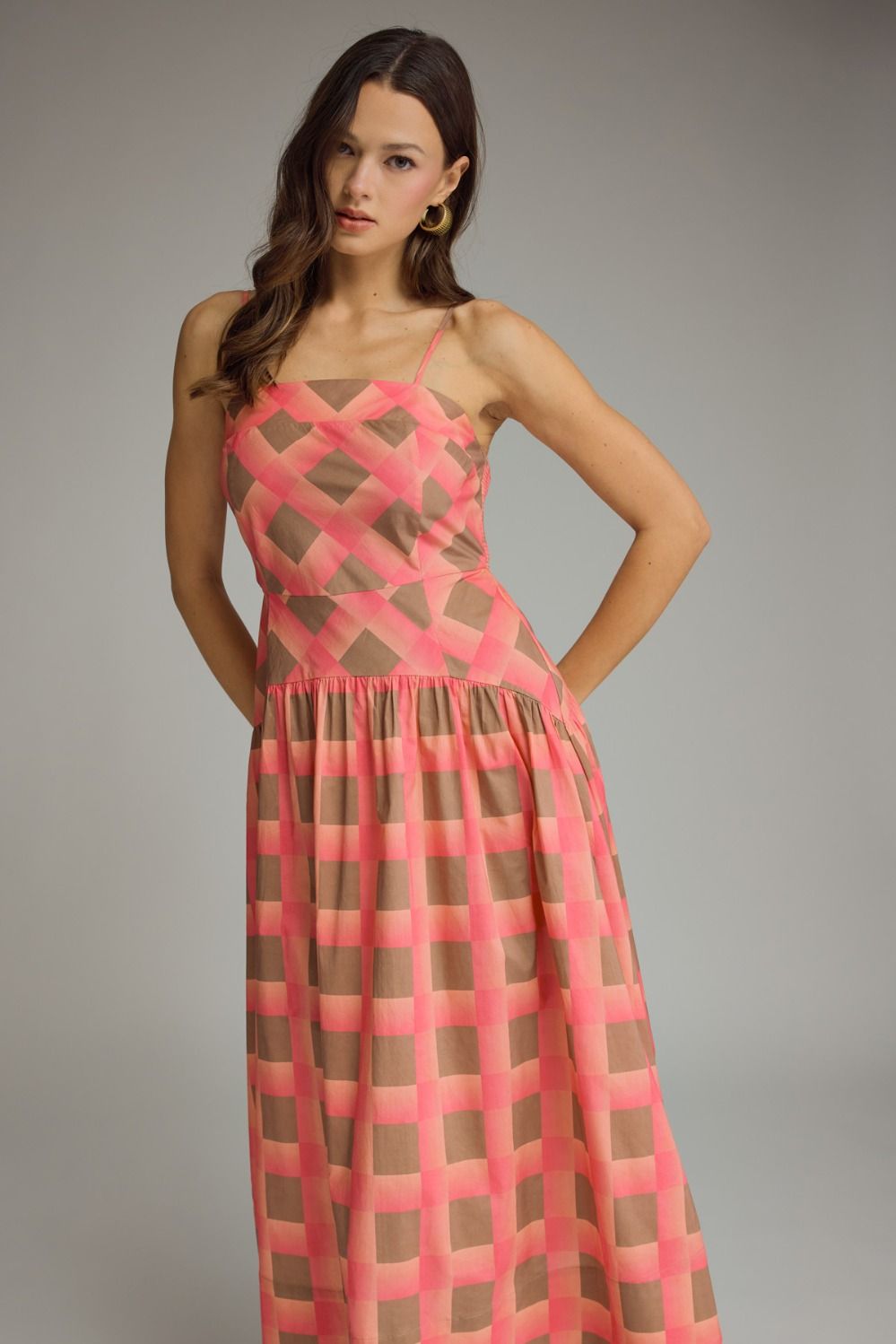 ETO Plaid Smock Back Midi Dress-coral
