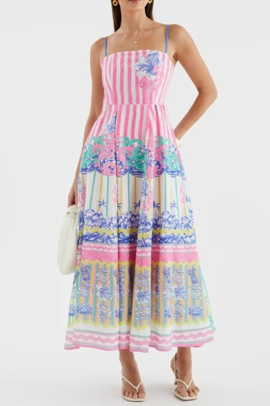 SU Stripe Printed Maxi Dress- Pink