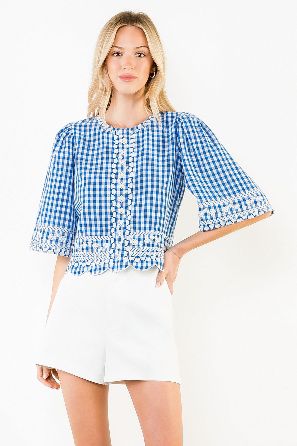 THML Gingham Embroidered Top- Blue