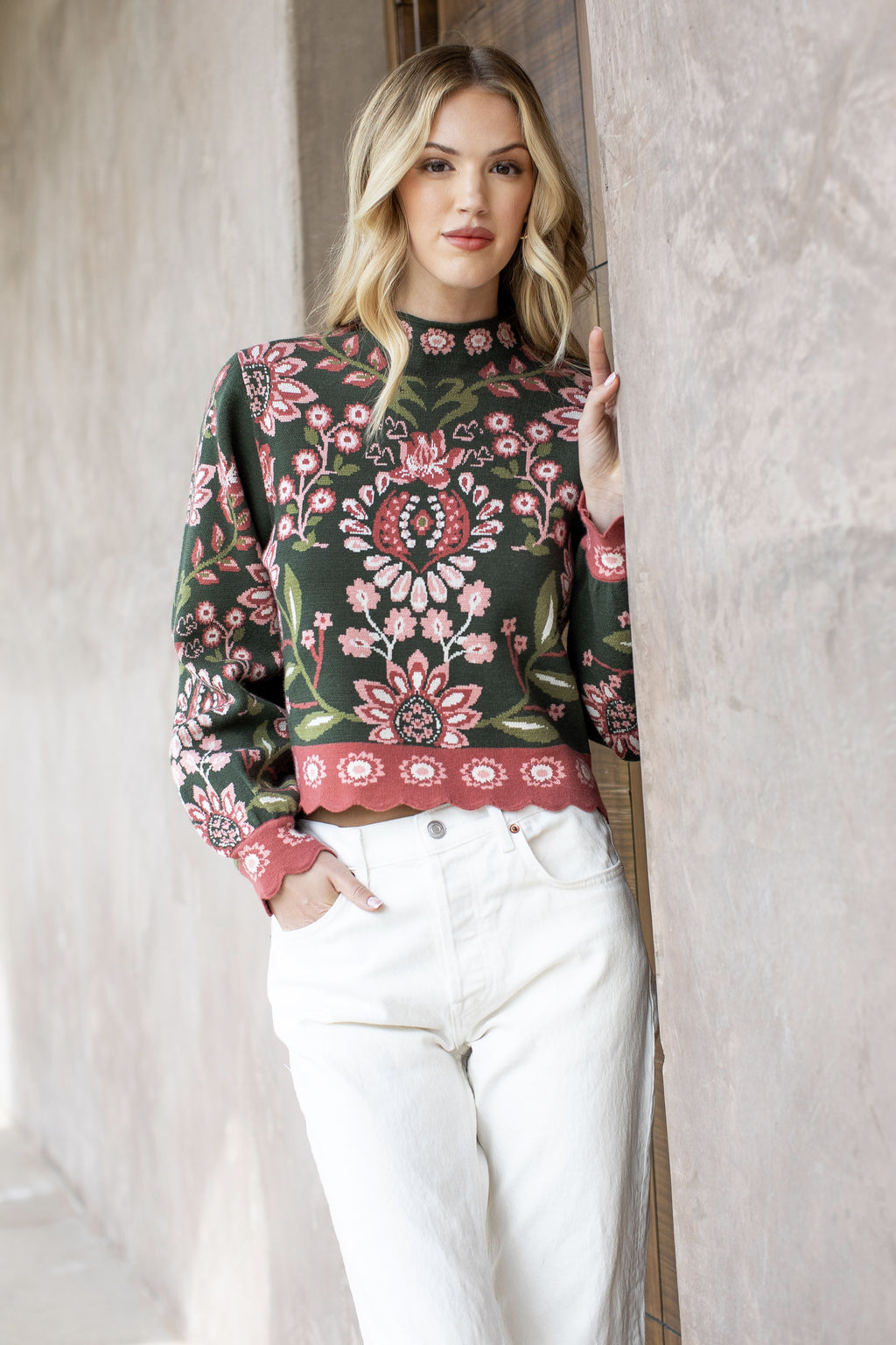 THML LS Floral Knit Sweater