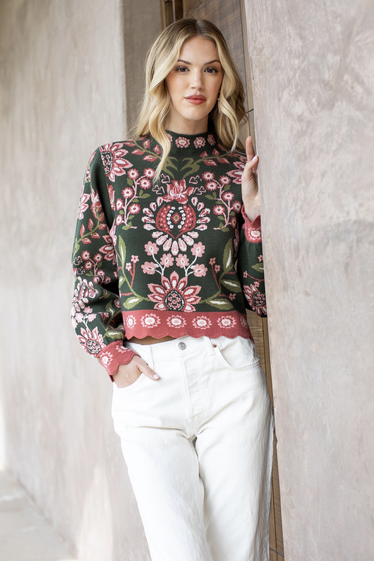 THML LS Floral Knit Sweater