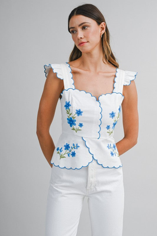 MBL Floral Embroidered Scallop Top- Blue