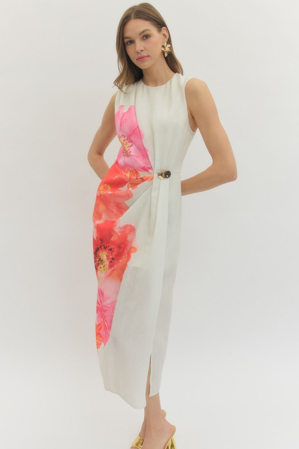 ETO Floral Slvless Midi Dress- Cream