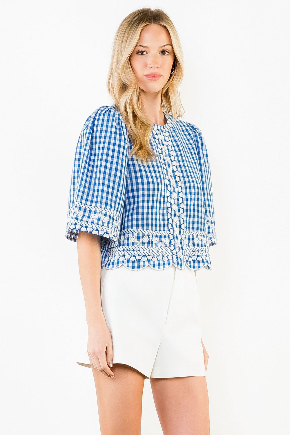 THML Gingham Embroidered Top- Blue
