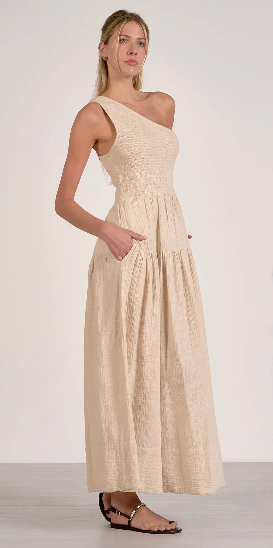Elan Smocked One Shoulder Maxi