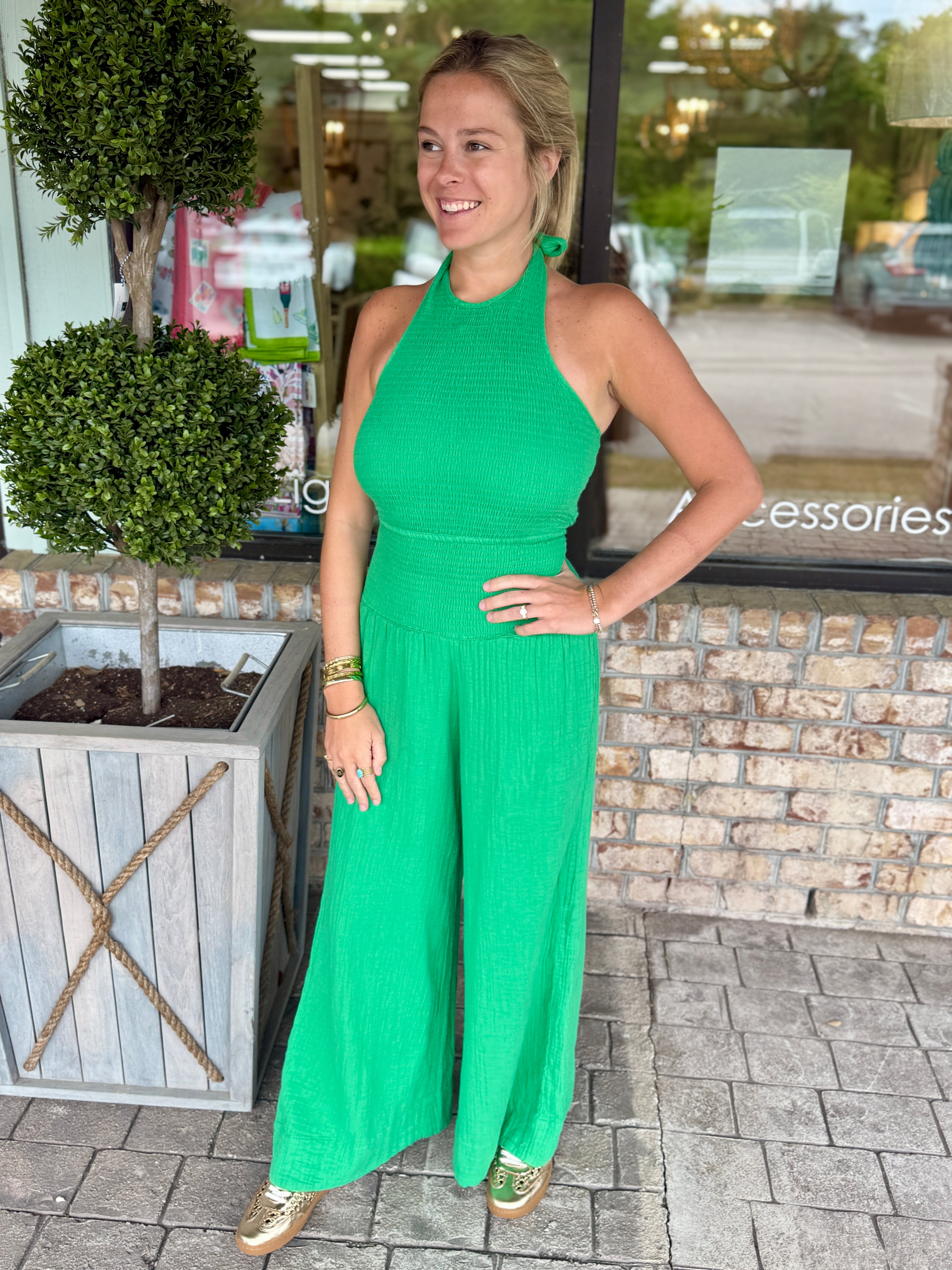 Elan Halter Smocked Jumpsuit- Green