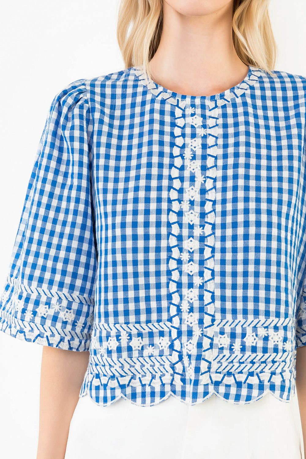 THML Gingham Embroidered Top- Blue