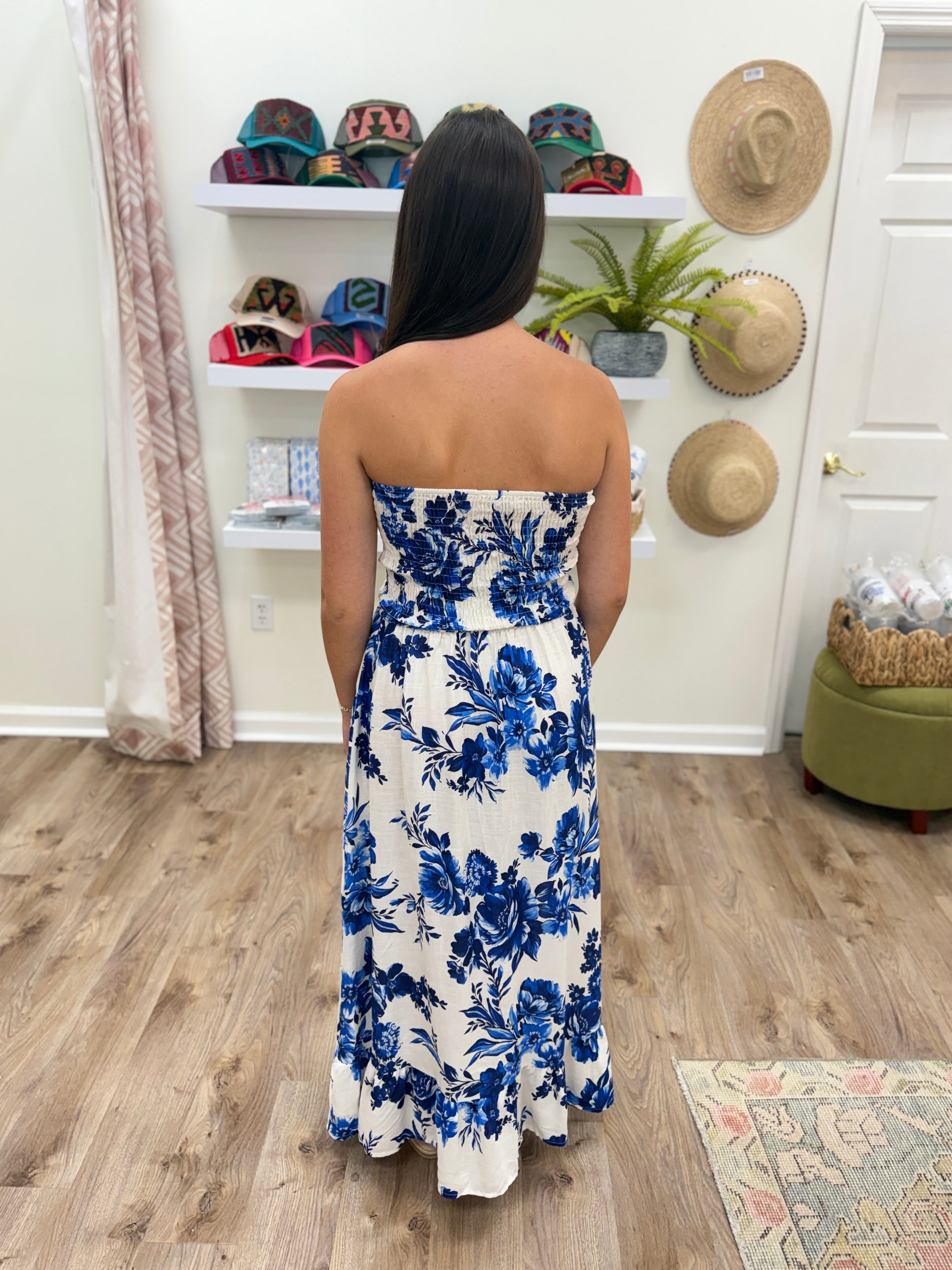 Milio Milano Strapless Floral Smock Maxi- Blue