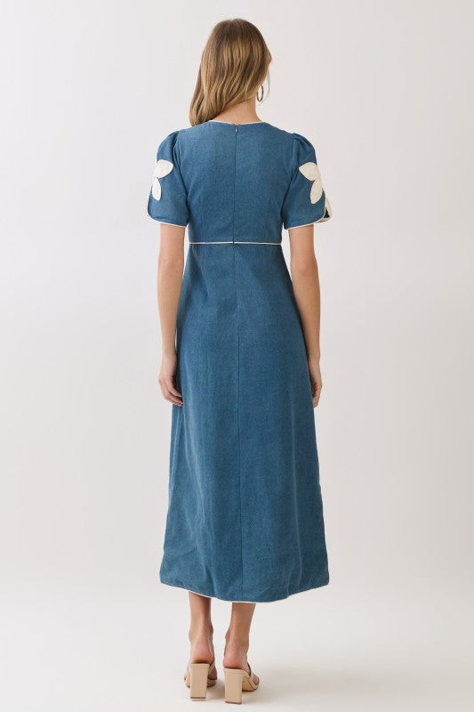 TC Denim Floral Appliqué Trim Midi