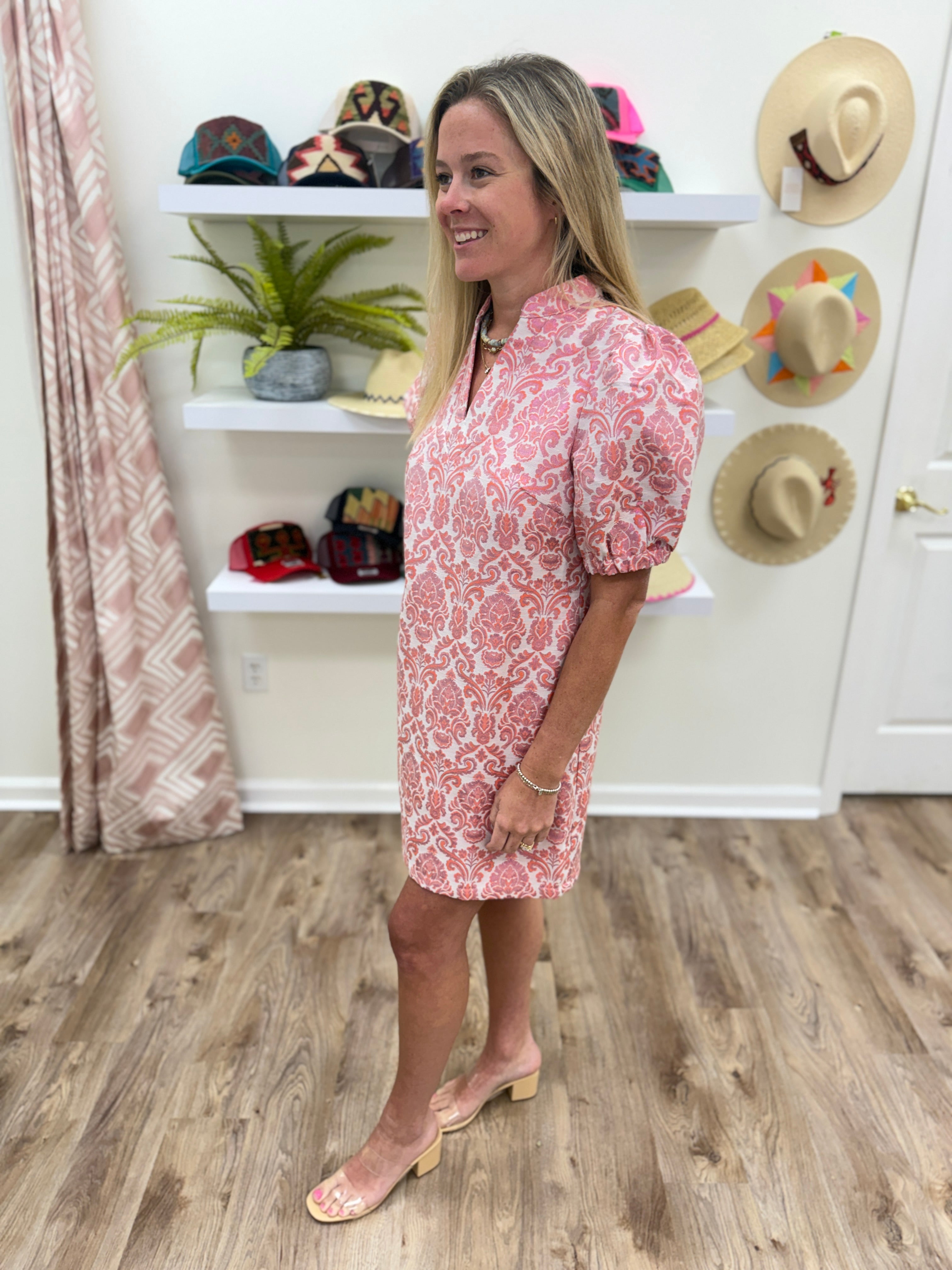 Jade Damask V Neck Dress