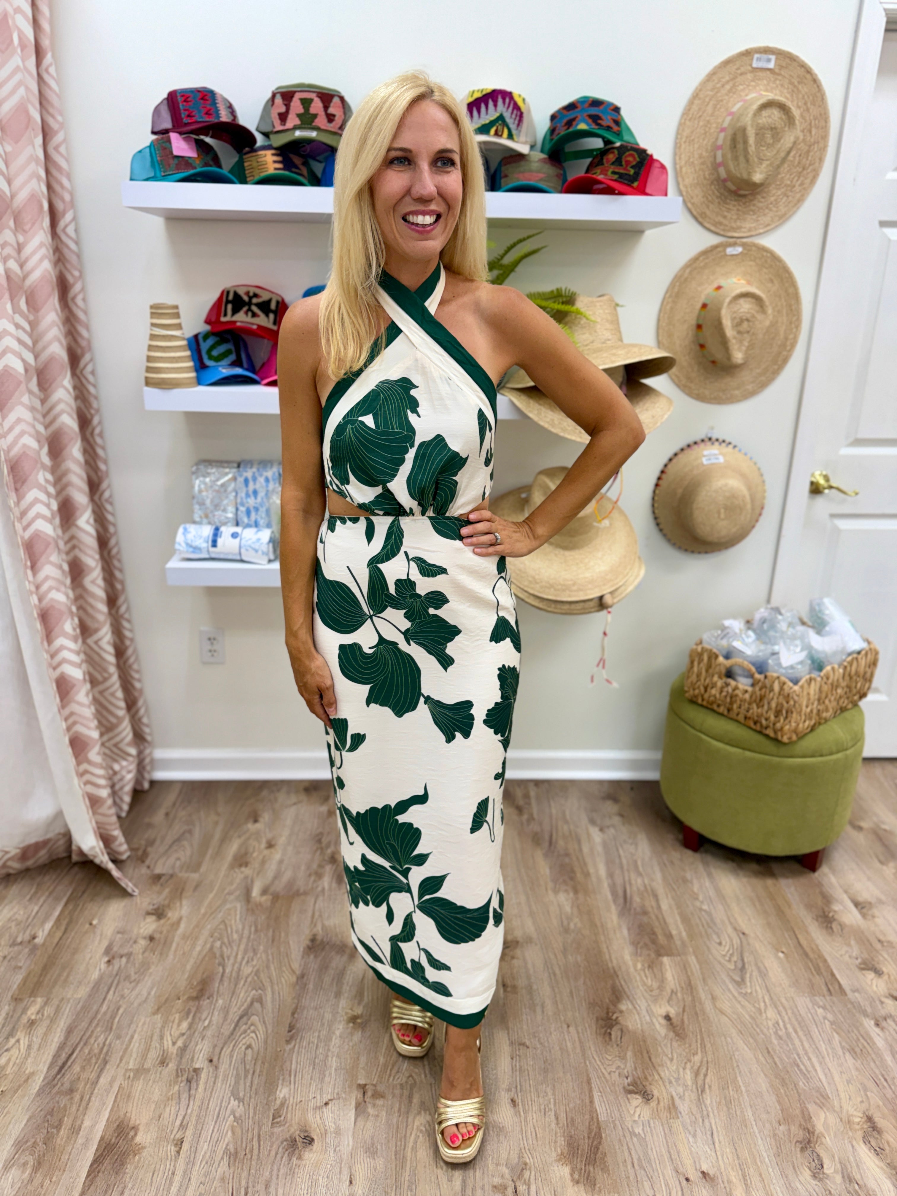 MBL Floral Halter Cutout Midi- green