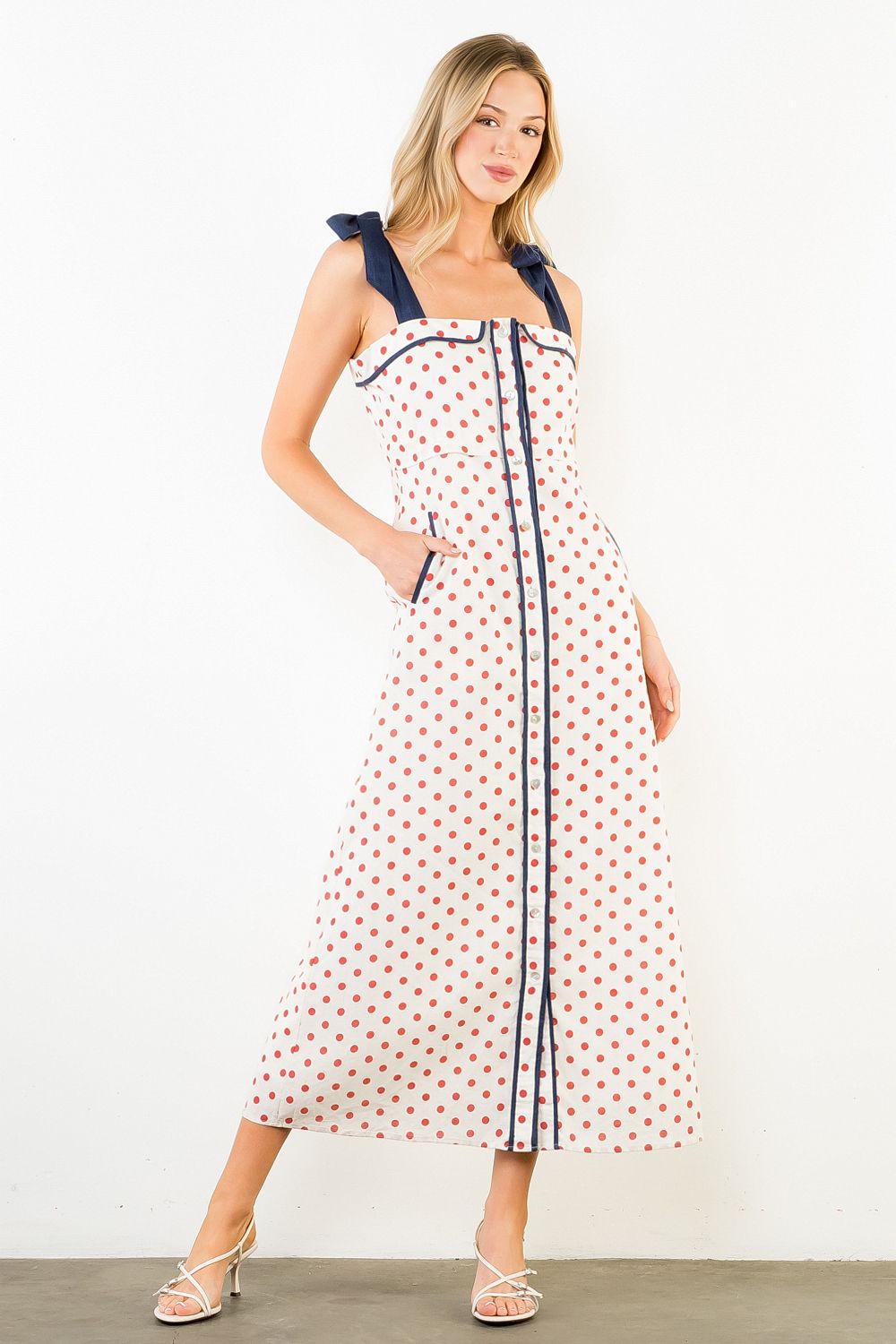 THML Polka Dot Tie Midi- Cream