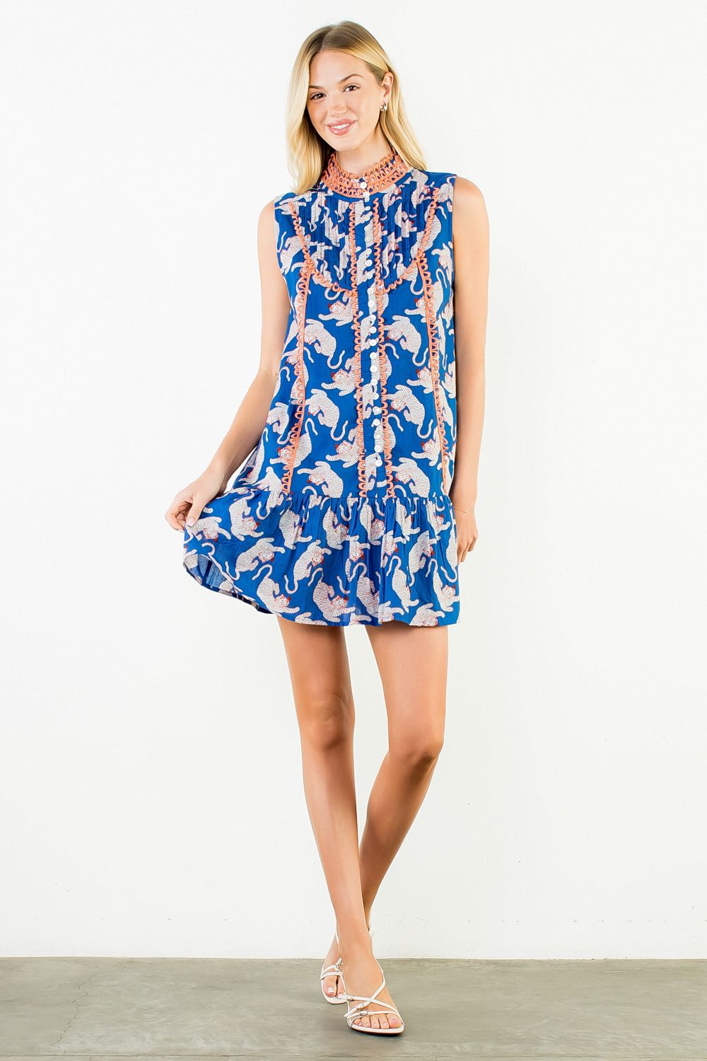 THML Tiger Print Button Down Shift- blue
