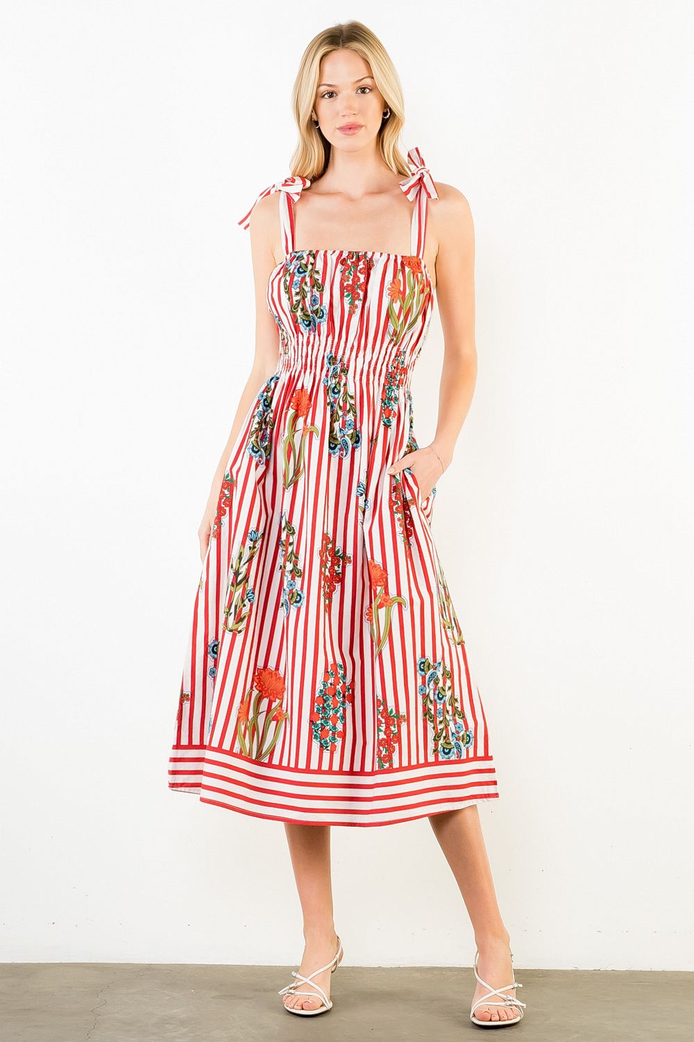 THML Tie Strap Floral Stripe Midi- red