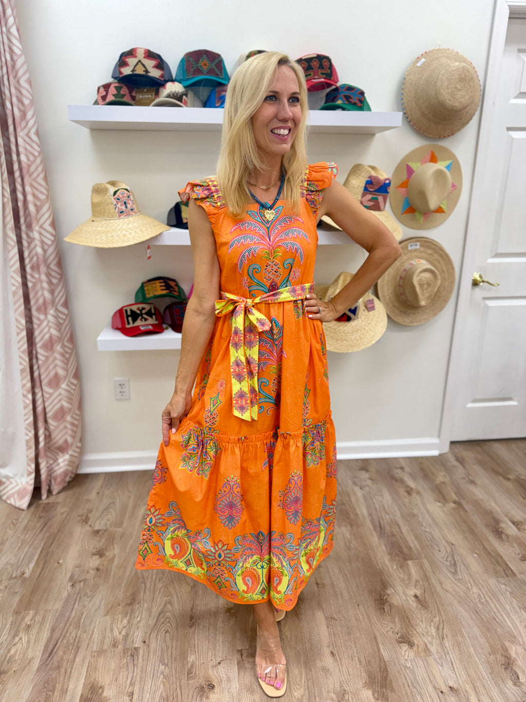 Maude Elsie Midi Dress- Apricot Filigree