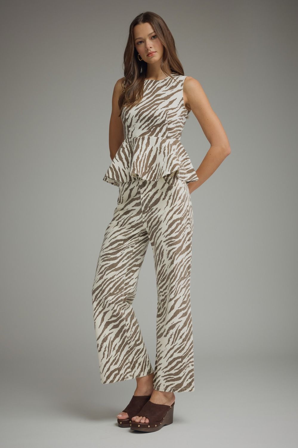 ETO Animal Print Peplum Blouse- Ecru