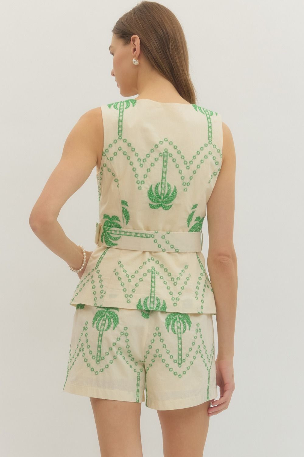 ETO Embroidered Palm Motif Peplum Short Set- Green