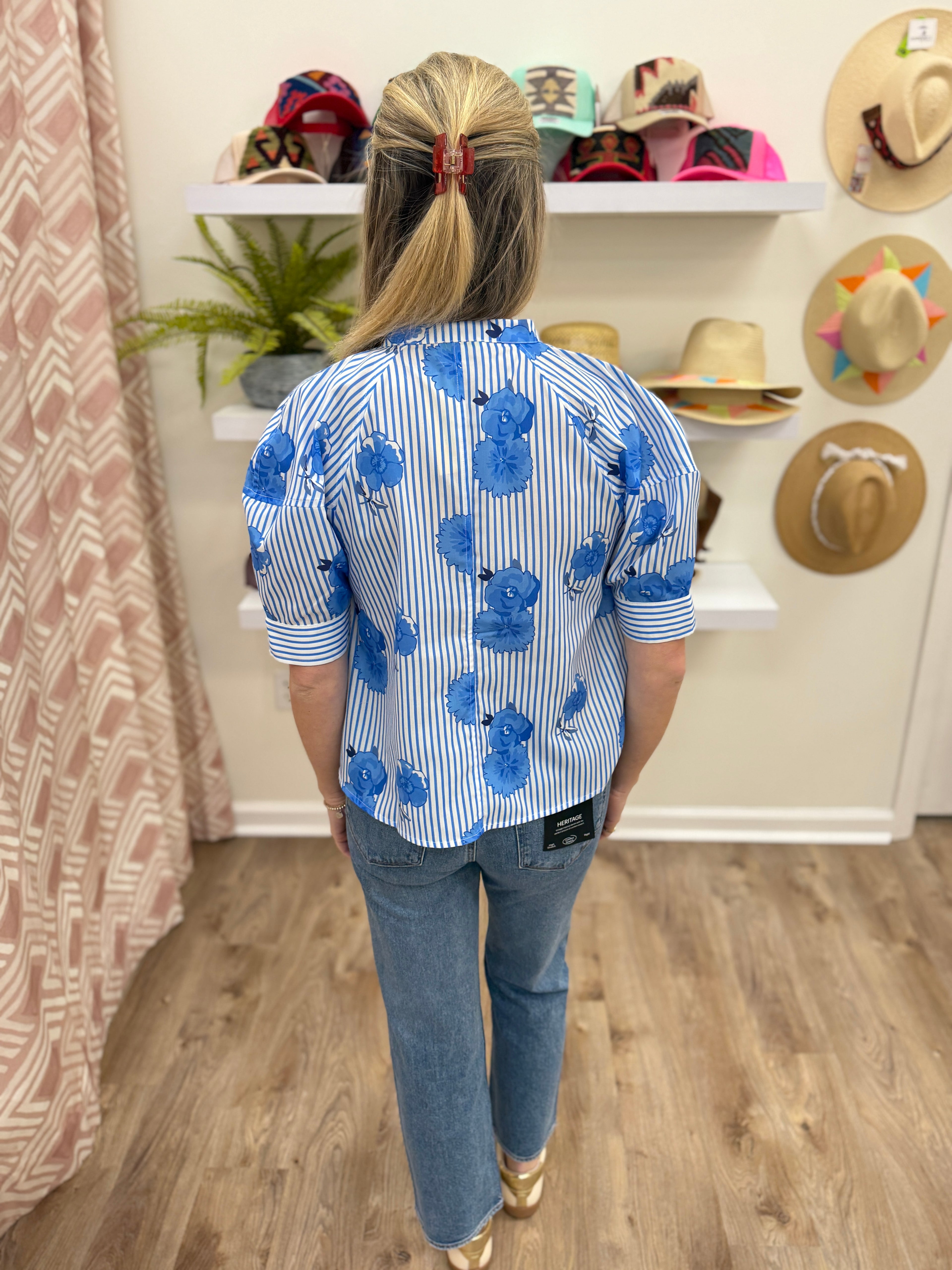 Jade Bluebell Stripe Lantern Slv Top