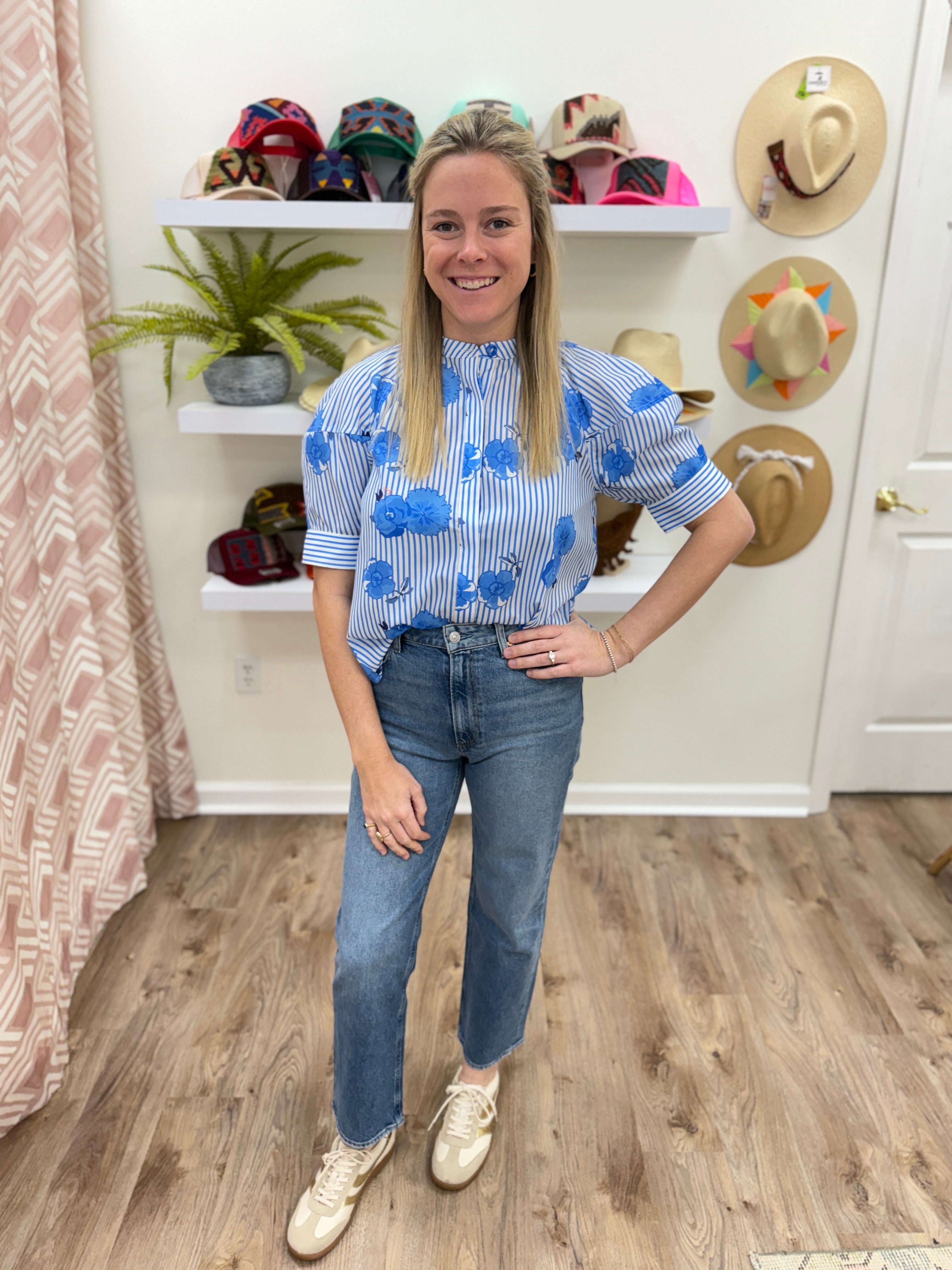 Jade Bluebell Stripe Lantern Slv Top