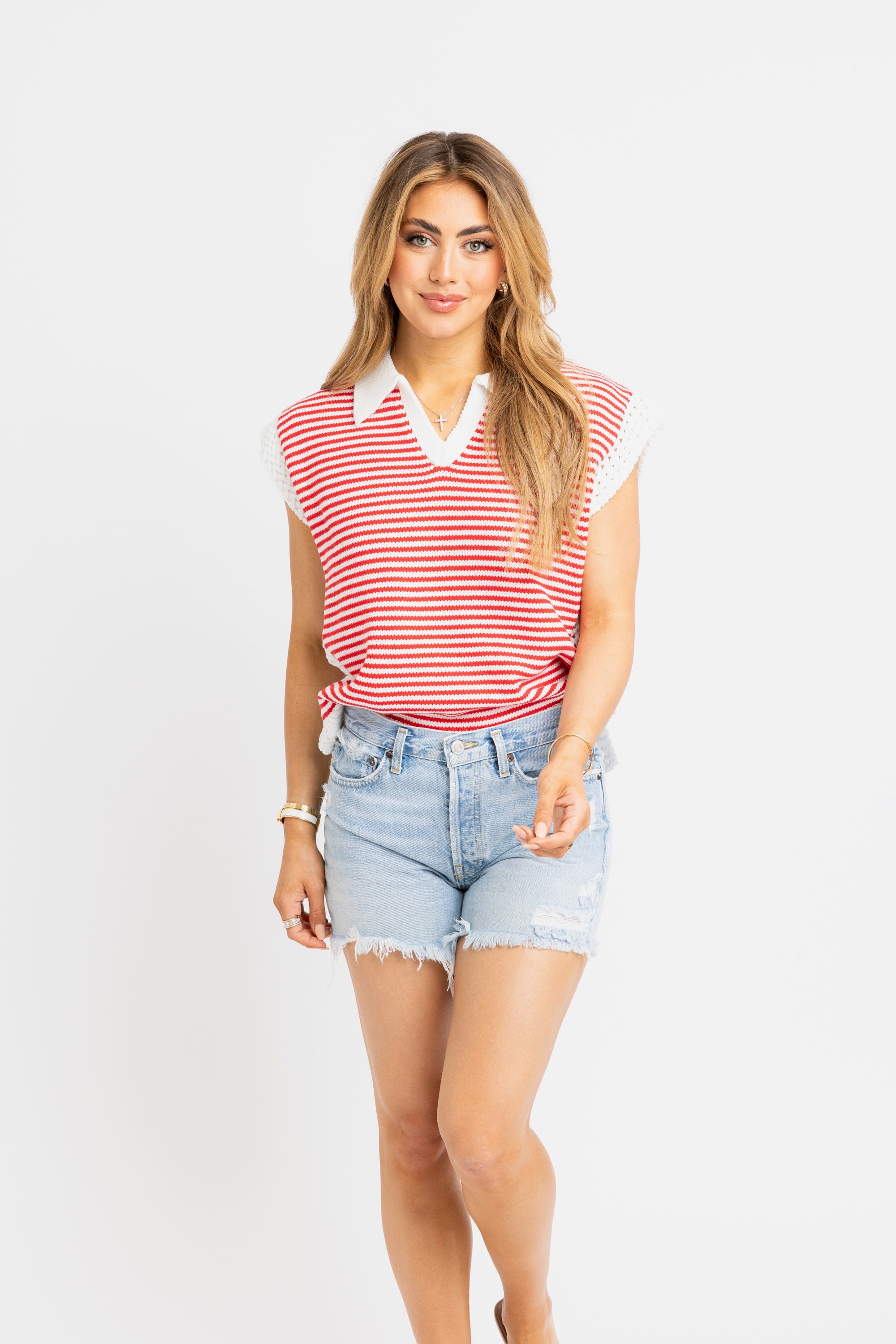 Karlie Stripe VNeck Slvless Sweater- Red