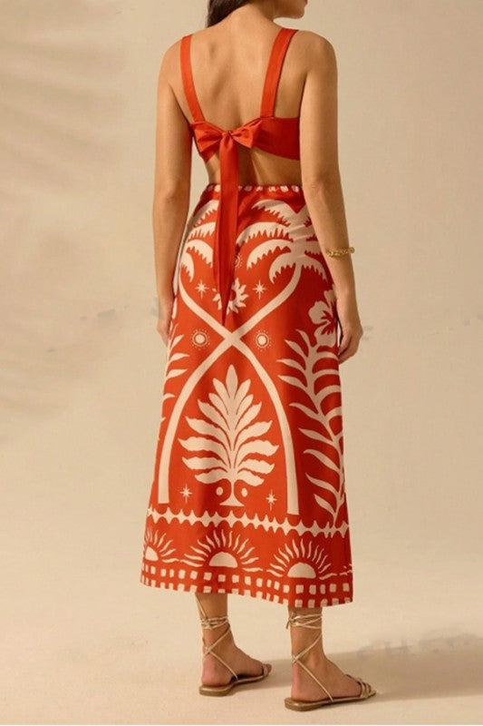 SU Printed Square Neck Skirt & Top Set- rust