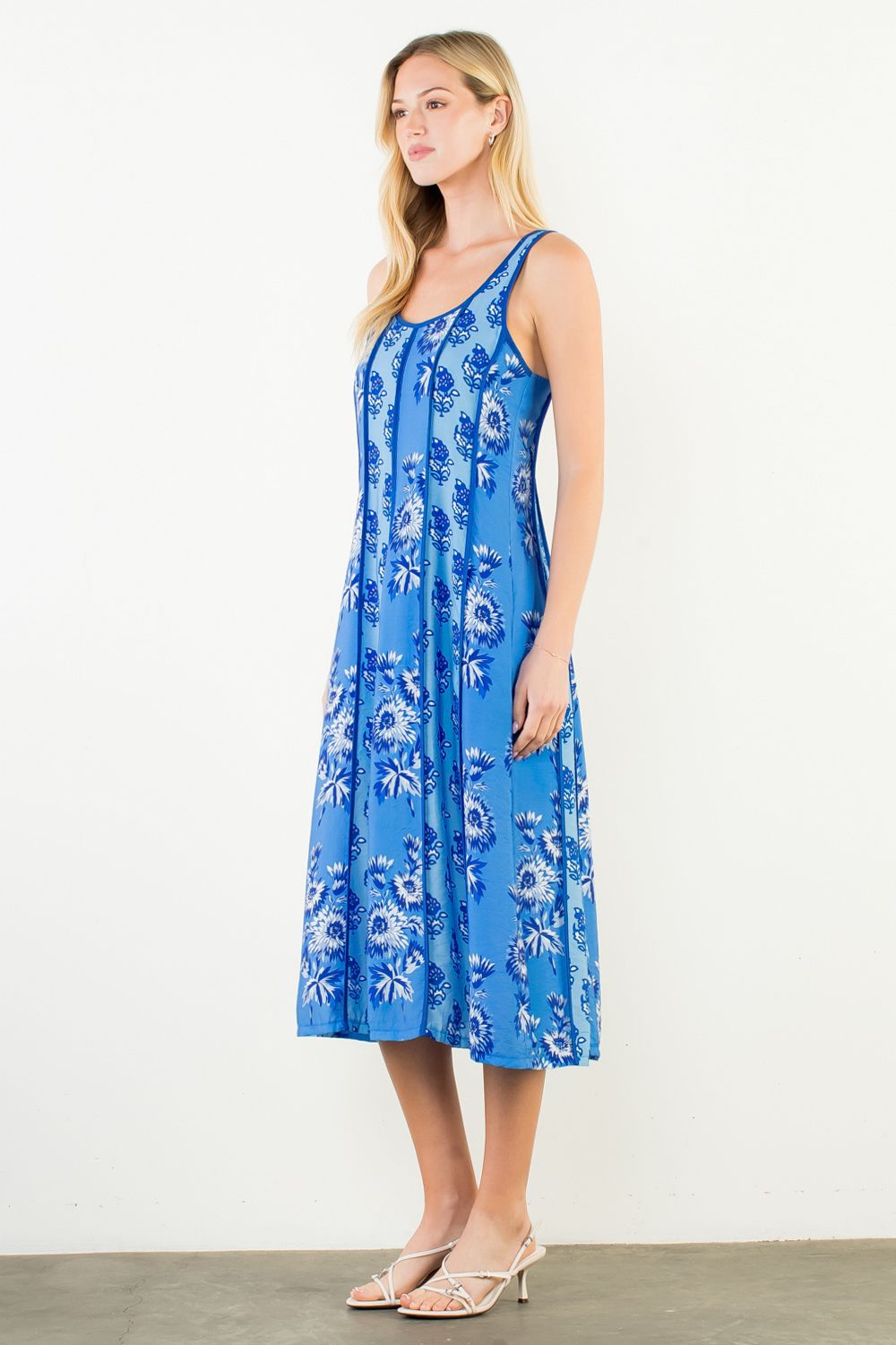 THML Floral Pattern Strap Dress- blue